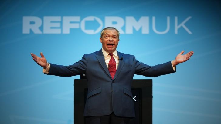 Nigel Farage making a speech before Reform UK supporters